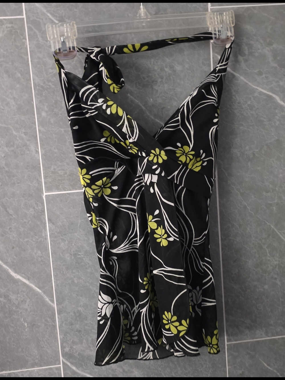A. Byer Black Top with White Vine Print and Lime Accents